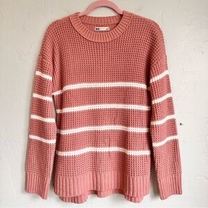 SO Women's Dusty Rose Pink White Striped Cottage Knit Tunic Sweater Medium EUC